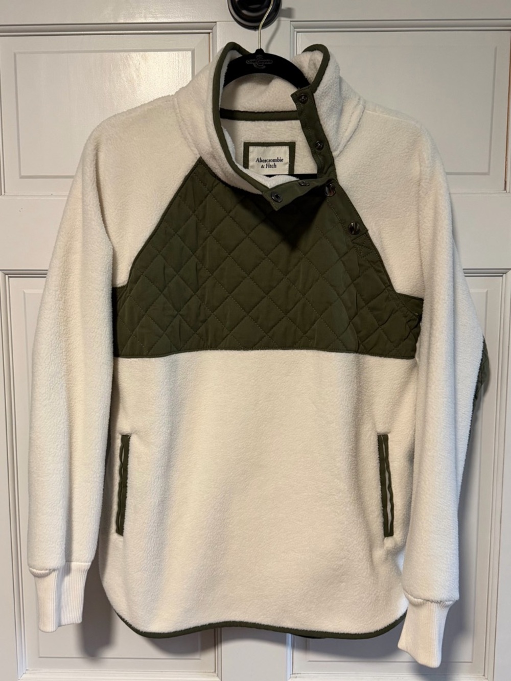 Abercrombie Cozy Quilted Snap Neck Fleece Pullover Asymmetrical M Cream Olive